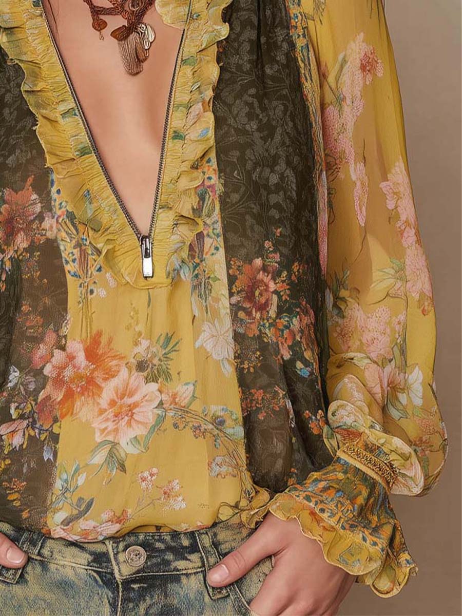 Striped Floral Satin Blouse with Zipper Detail