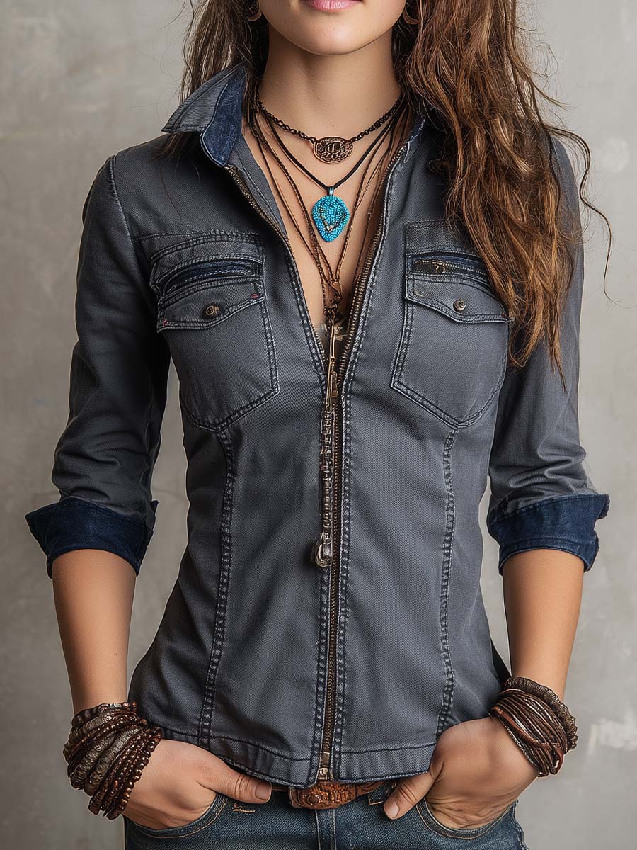 Vintage-Inspired Distressed Long Sleeve Denim Zip-Up Shirt