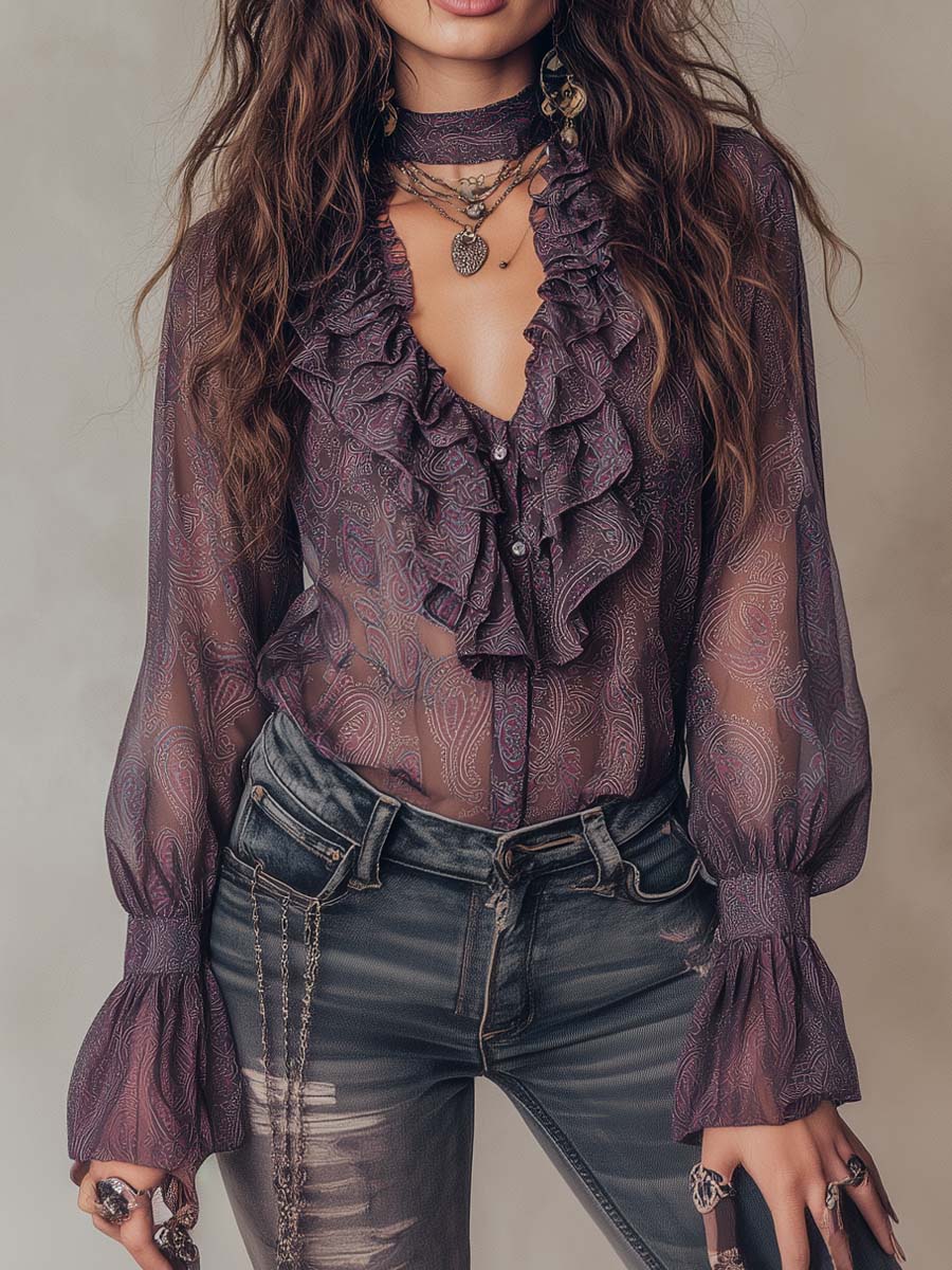 Vintage-Inspired Paisley Chiffon Blouse with Ruffled Collar
