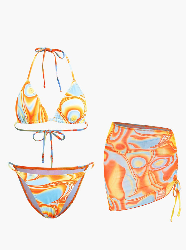 Halter Neck Swimsuit Set with Abstract Design - 3 Pieces