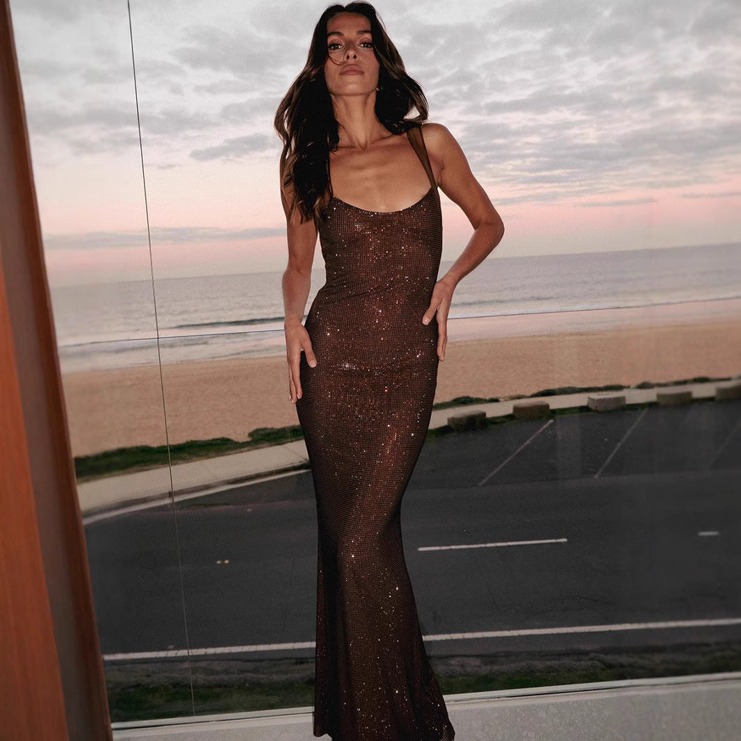 Jasmyn - Maxi Chocolate Dress with Crystal Sheerness