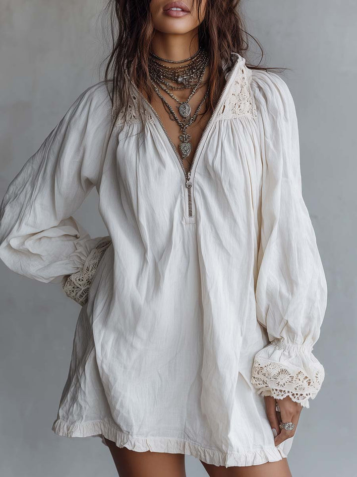 Vintage-Style White Mini Dress with Lace Trim and Zip-Up Collar