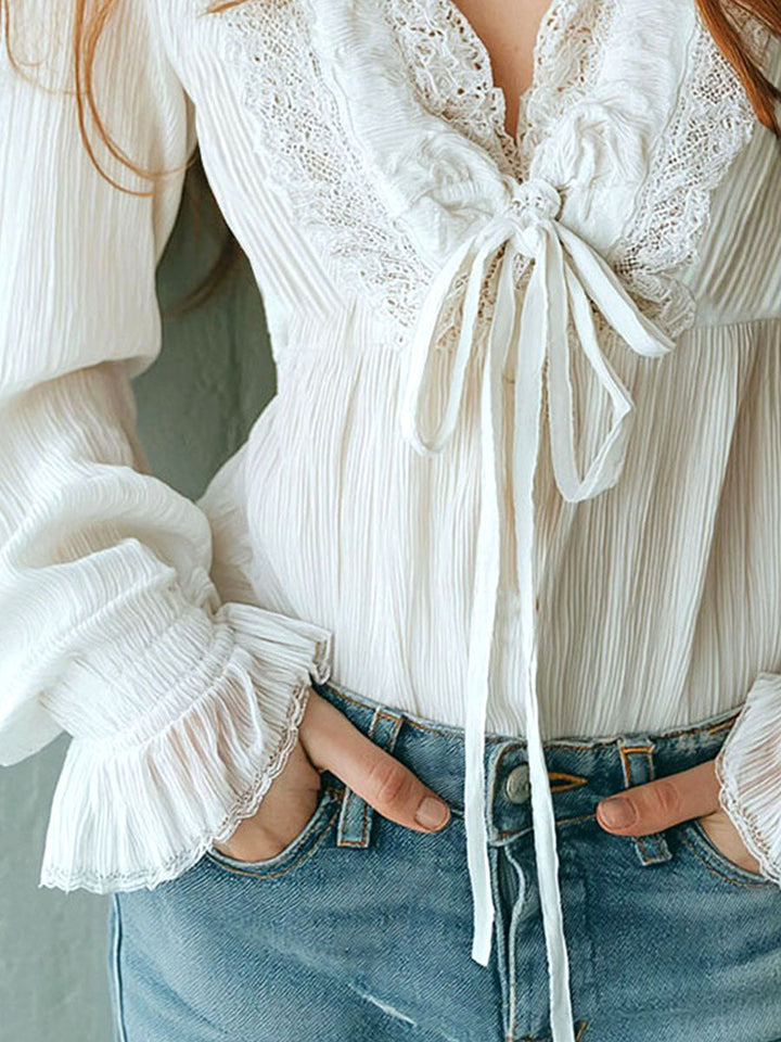 Striped White Boho Blouse with Front Tie Detail