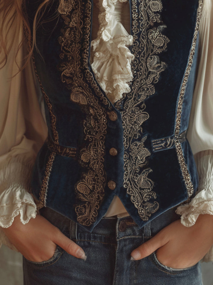 Baroque-Style Vintage Blue Velvet Waistcoat