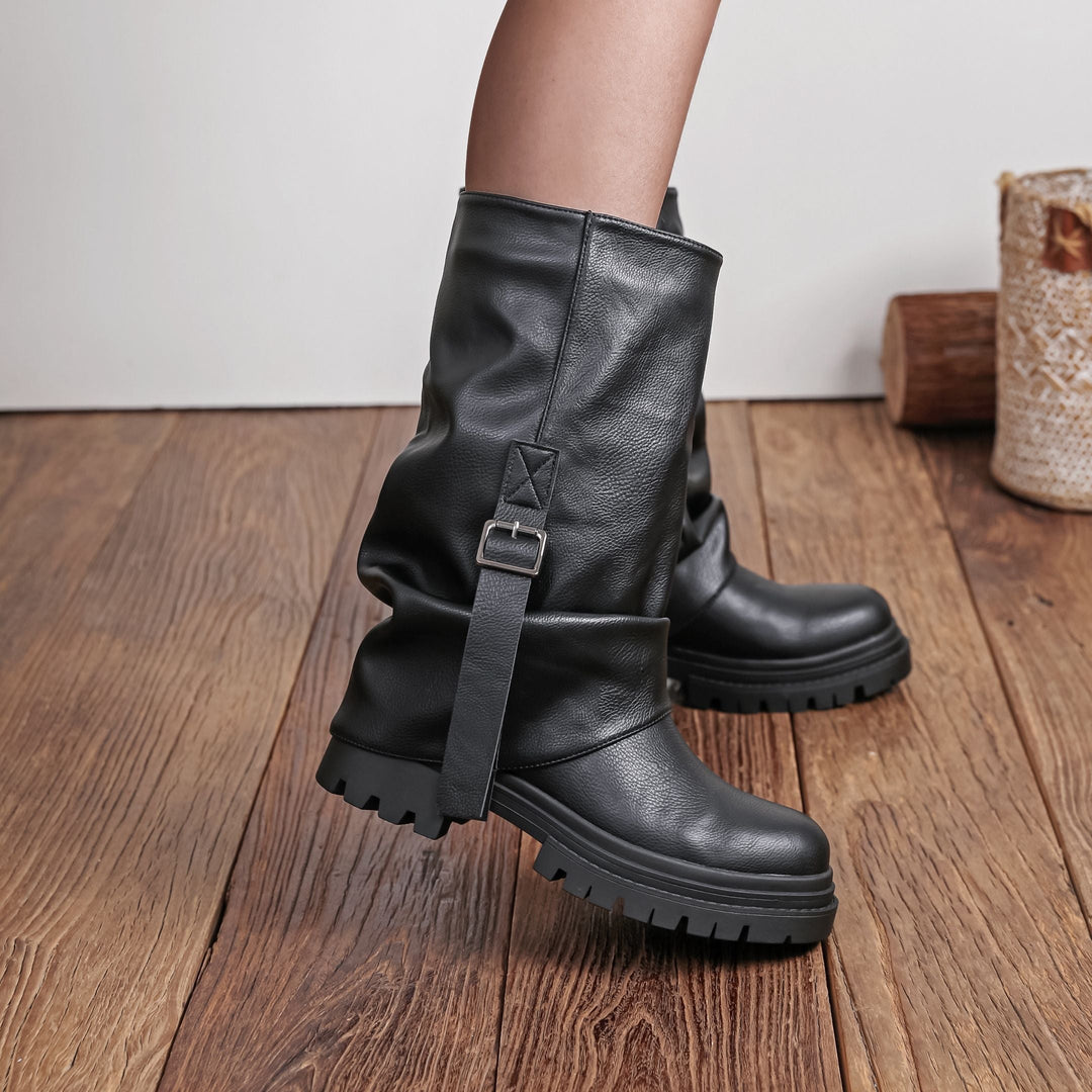 Strap-Embellished Mid-Calf Boots with Chunky Sole