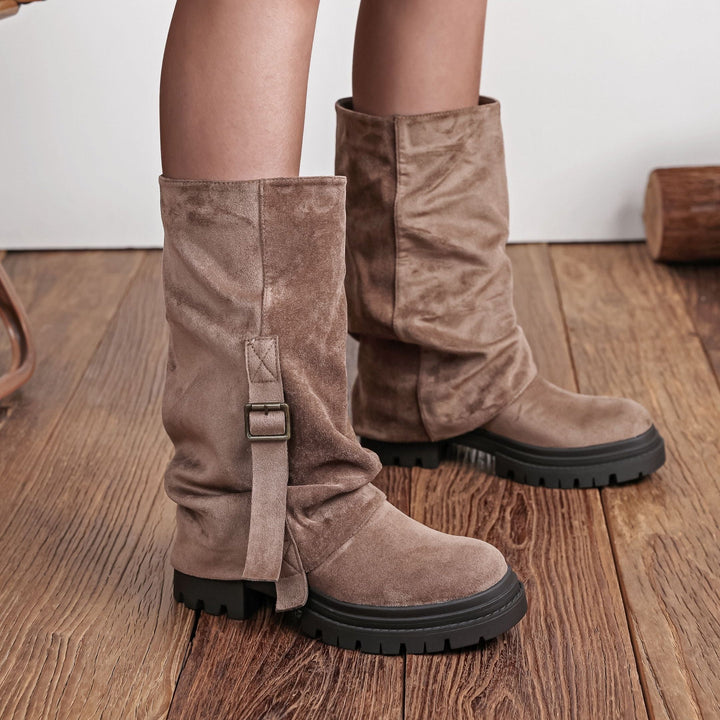 Strap-Embellished Mid-Calf Boots with Chunky Sole