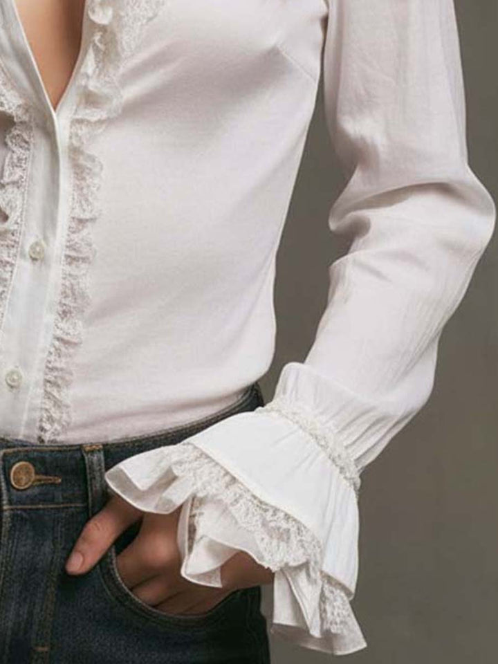 Elegant White Blouse Featuring Ruffles and Lace Accents