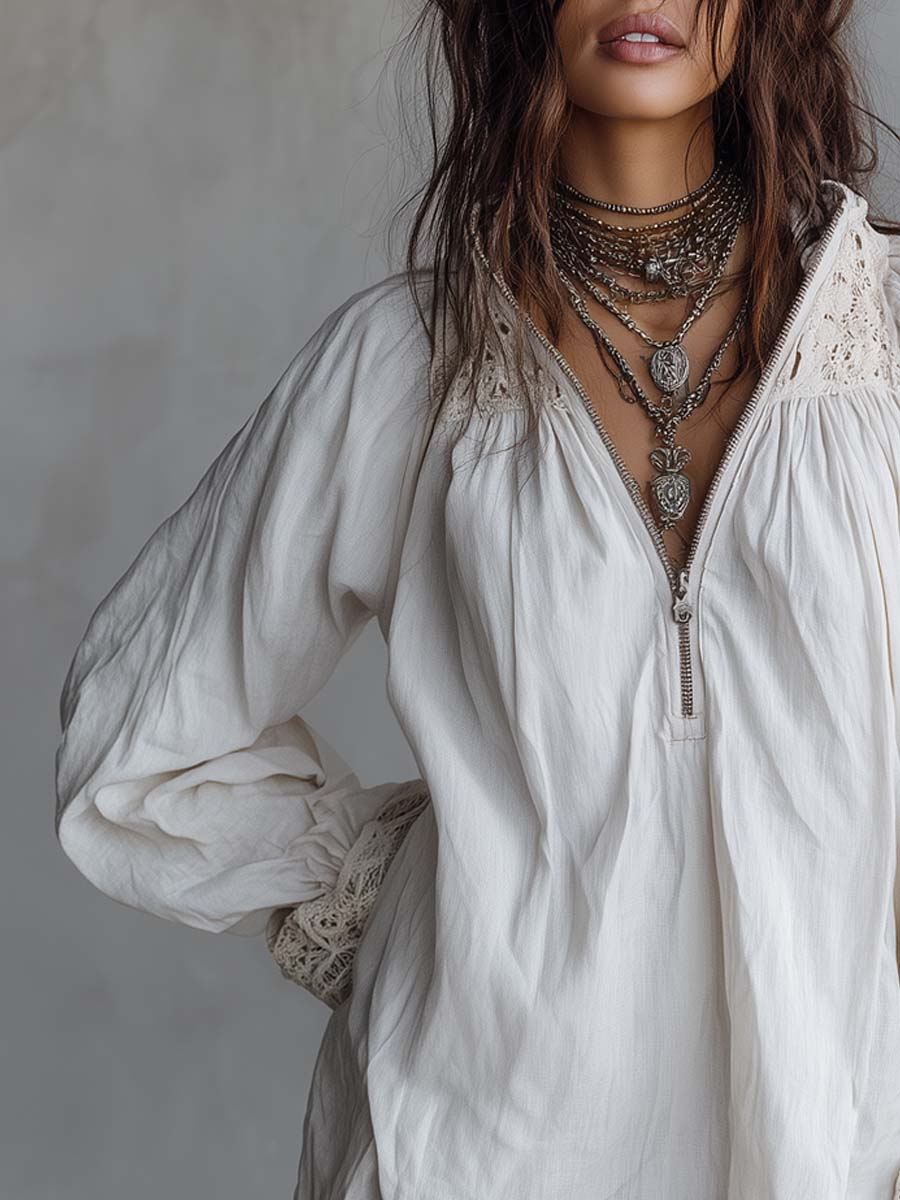 Vintage-Style White Mini Dress with Lace Trim and Zip-Up Collar