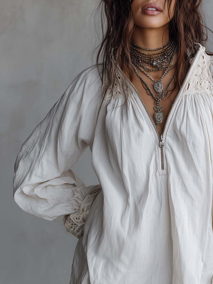 Vintage-Style White Mini Dress with Lace Trim and Zip-Up Collar
