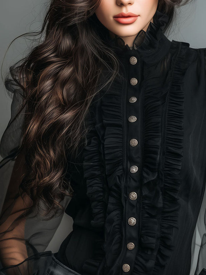 Classic Black Sheer Organza Blouse with High Neck and Tailored Fit