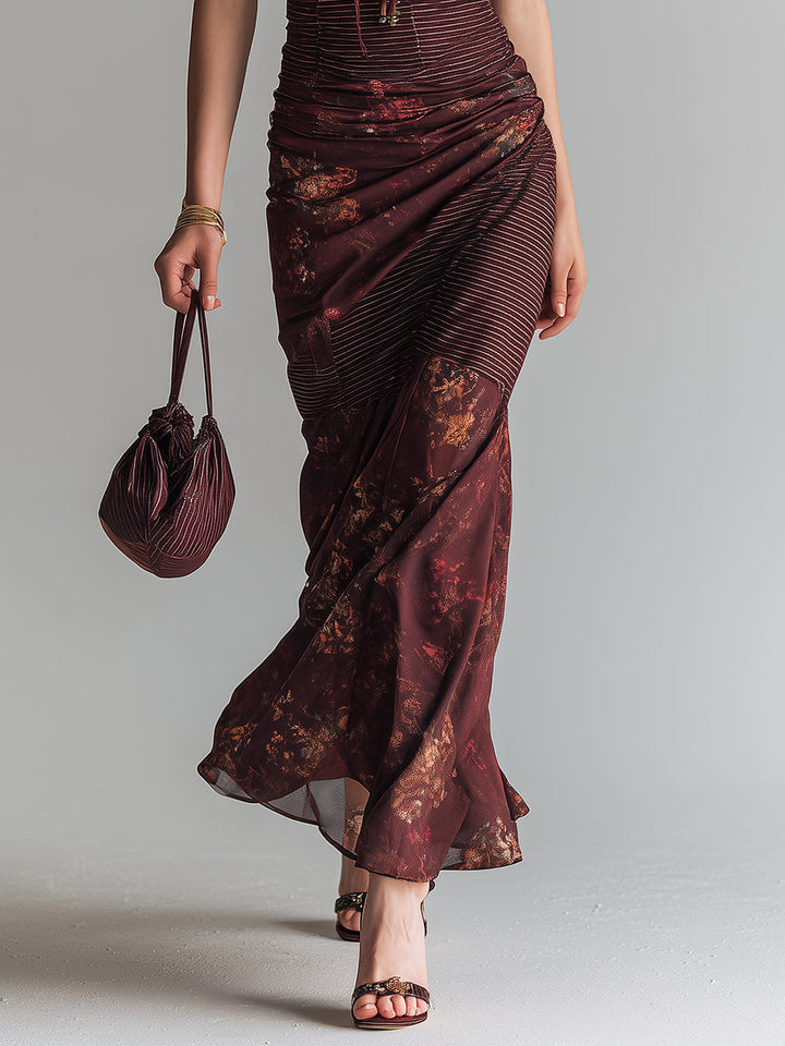 Vintage-Inspired Floral Maxi Dress with Striped Accents