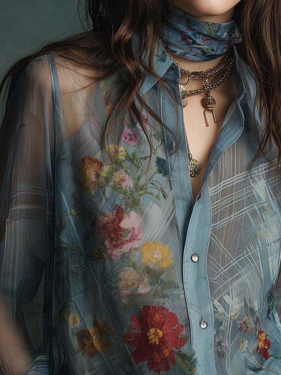 Vintage-Inspired Sheer Floral Blouse with Button Details