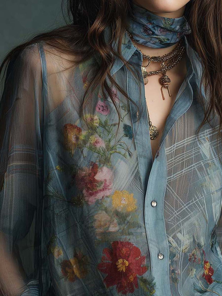 Vintage-Inspired Sheer Floral Blouse with Button Details