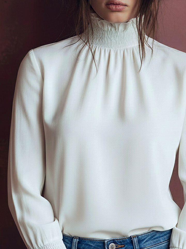 Chic High-Neck White Blouse with Smyrna Cuffs