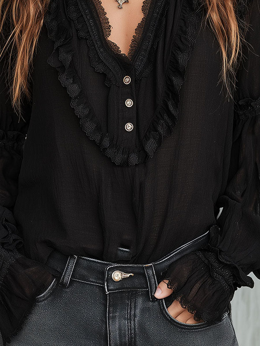 Retro Black Striped Blouse with Long Lace Sleeves