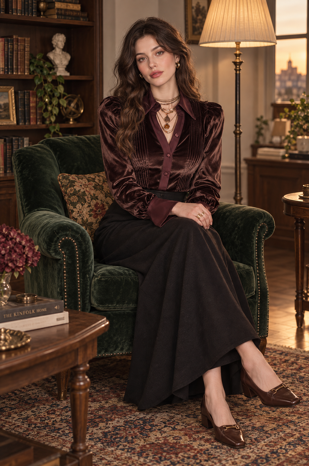 Chic Long-Sleeve Velvet Blouse with Pintuck Accents