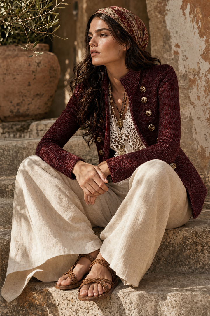 Vintage-Inspired Double-Sided Military Cardigan with Embroidery and Gold Buttons