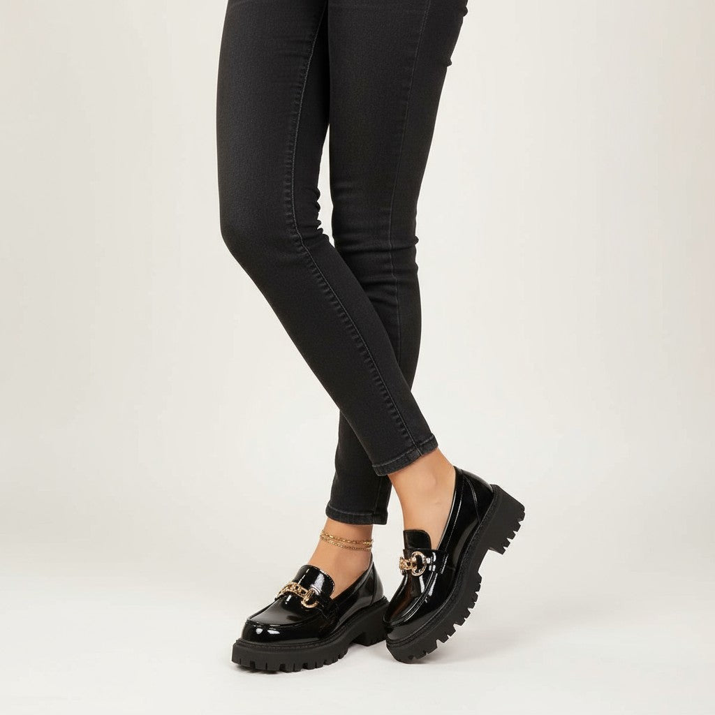 Glossy Loafers with Gold Chain Accent