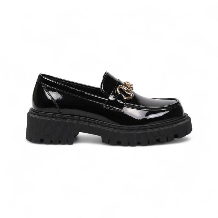 Glossy Loafers with Gold Chain Accent
