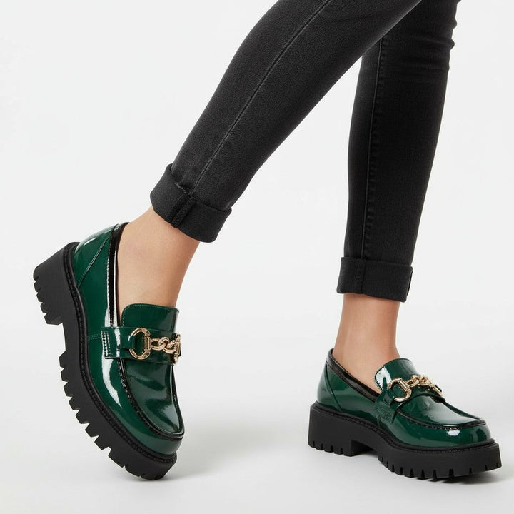 Glossy Loafers with Gold Chain Accent