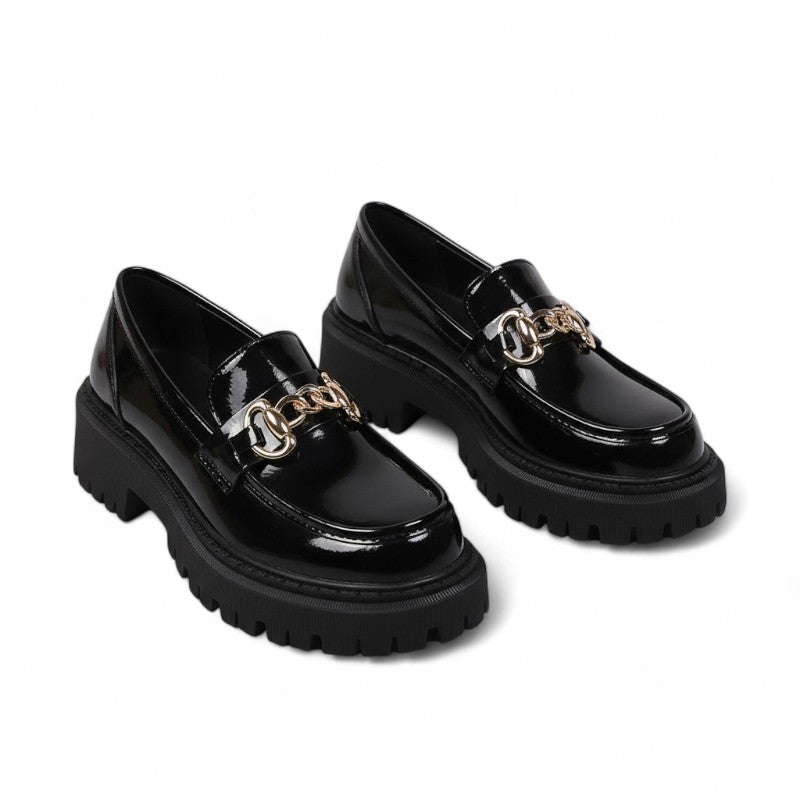 Glossy Loafers with Gold Chain Accent