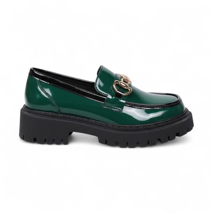 Glossy Loafers with Gold Chain Accent