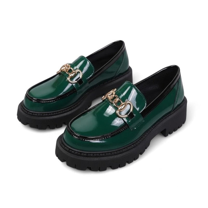 Glossy Loafers with Gold Chain Accent