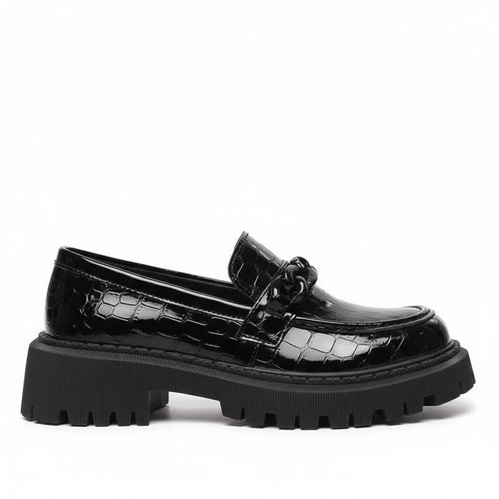 Crocodile-Patterned Black Patent Leather Moccasins
