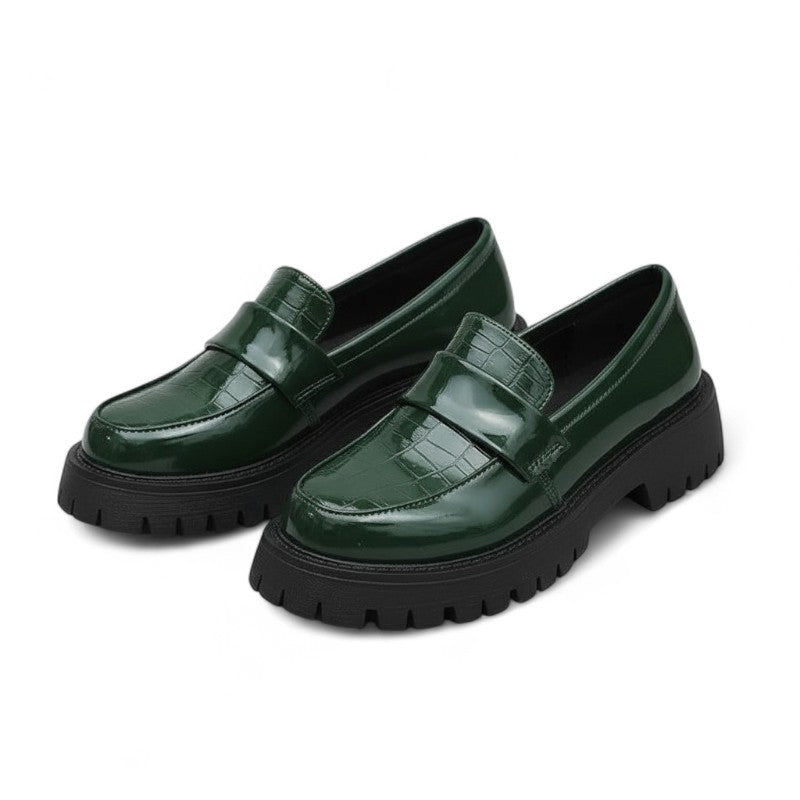 Crocodile-Effect Lacquered Loafers Available in Three Colors