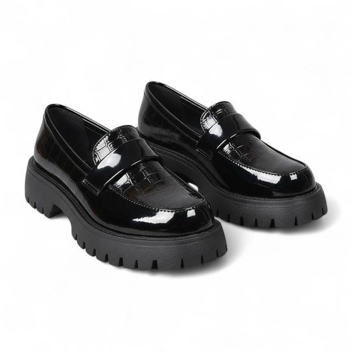 Crocodile-Effect Lacquered Loafers Available in Three Colors