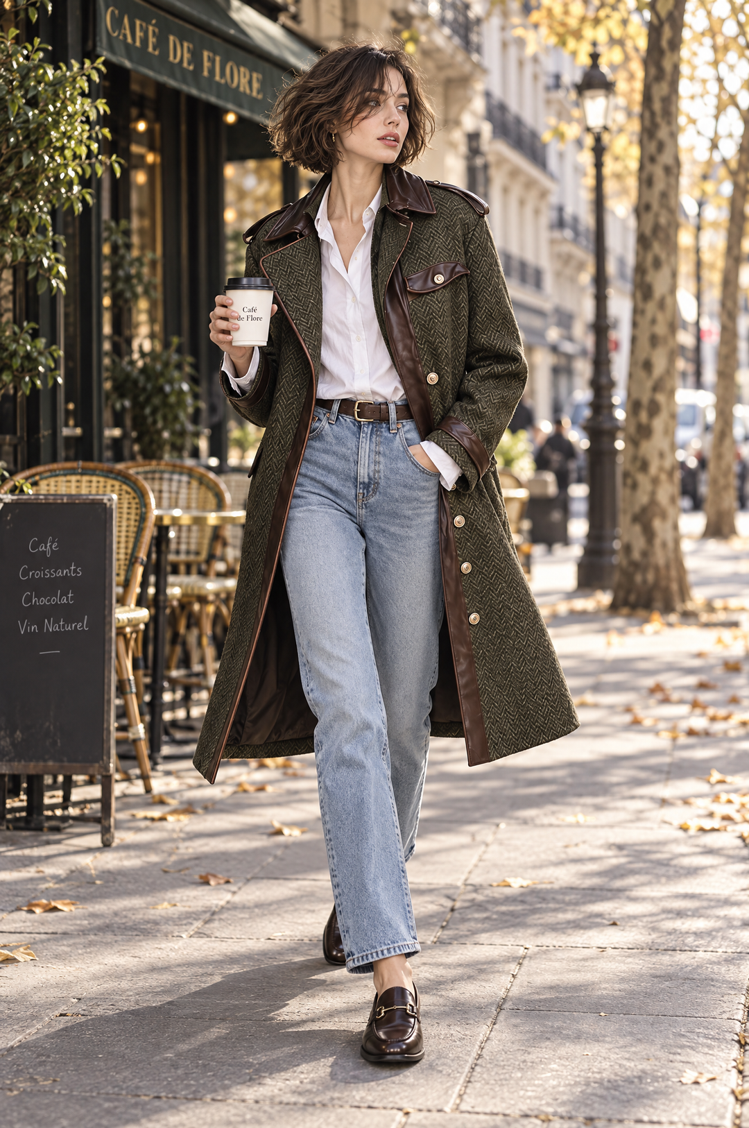 Retro Mini Wool Blend Coat Featuring PU Panels in Rug Pattern