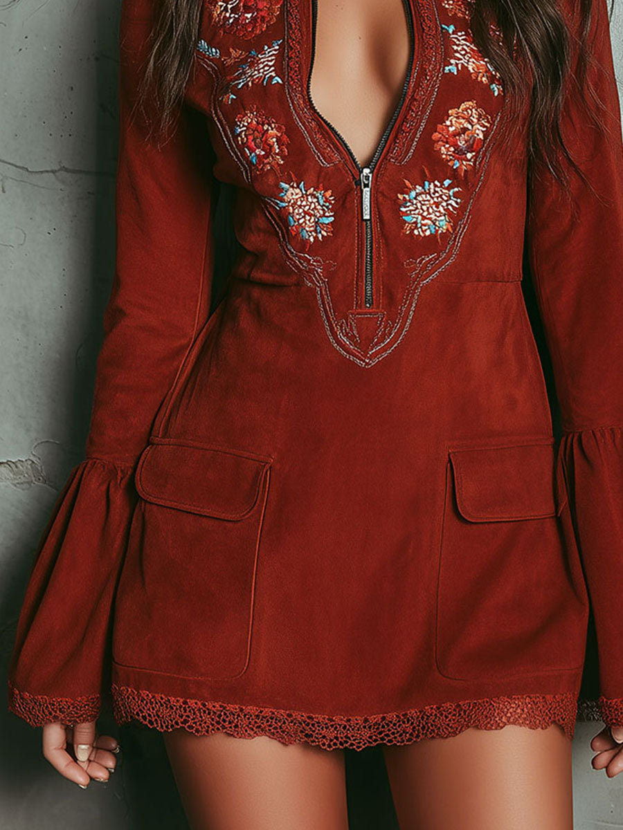 Rust-Colored Retro Mini Dress with Embroidery and Bell Sleeves