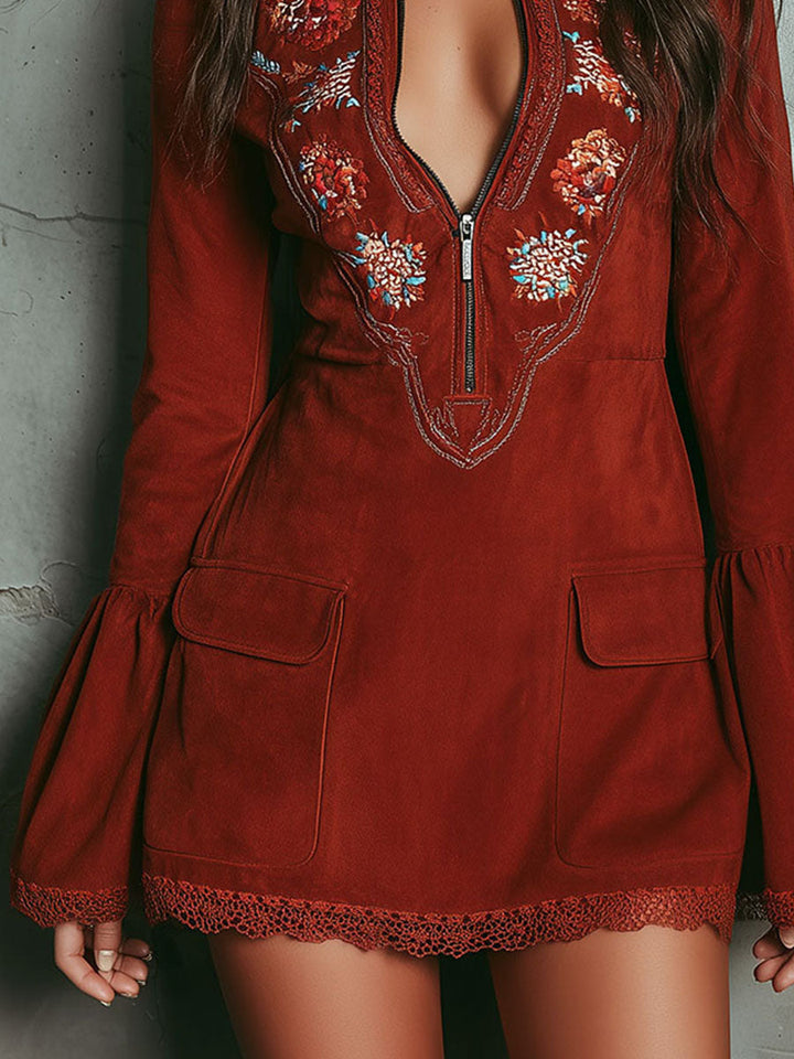 Rust-Colored Retro Mini Dress with Embroidery and Bell Sleeves