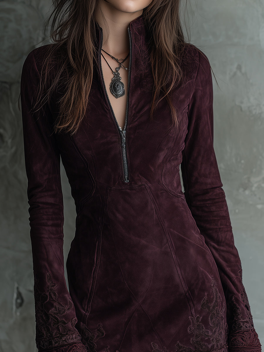 Vintage-Inspired Suede Mini Dress Featuring Embroidered Lace Accents
