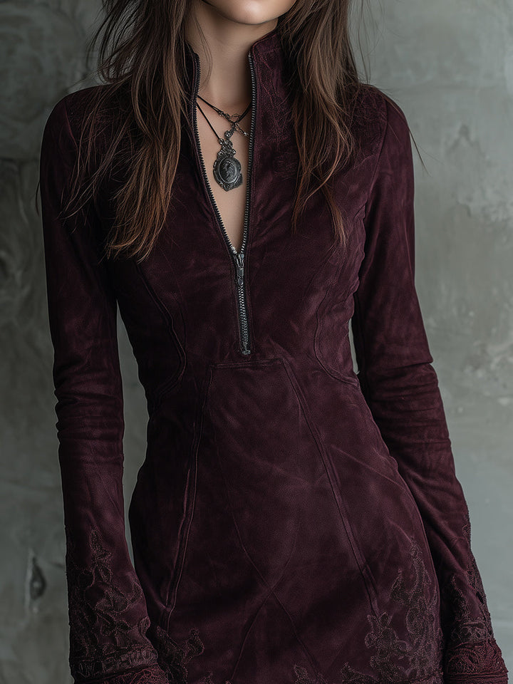 Vintage-Inspired Suede Mini Dress Featuring Embroidered Lace Accents