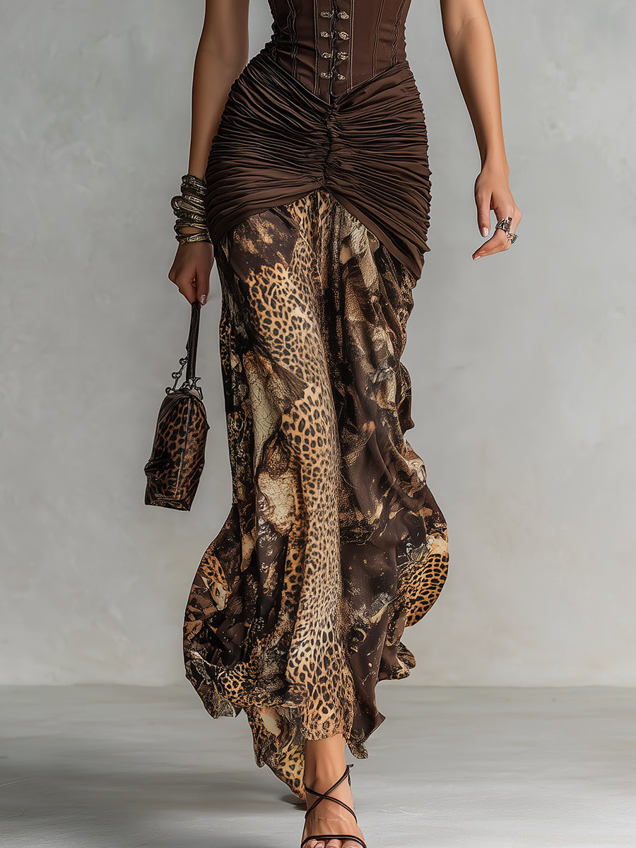 Retro Leopard Corset Maxi Dress with Pleated Design