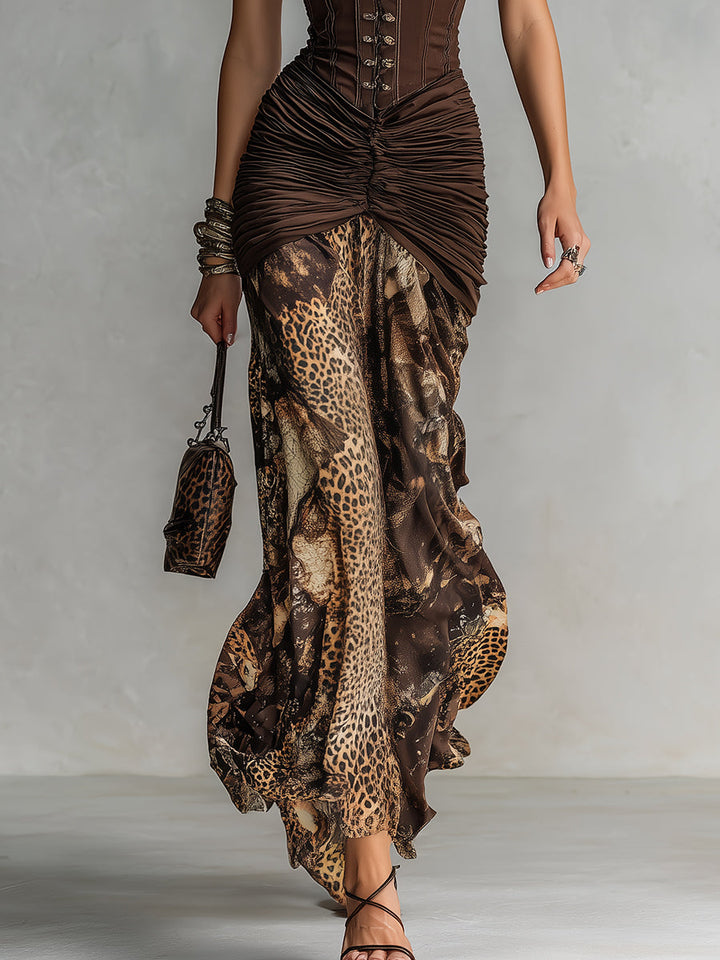 Retro Leopard Corset Maxi Dress with Pleated Design