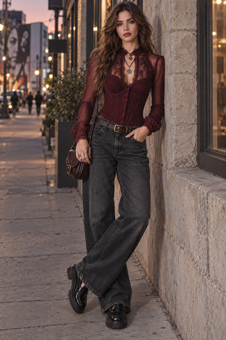Elegant Fitted Denim Blouse with Lace Accents