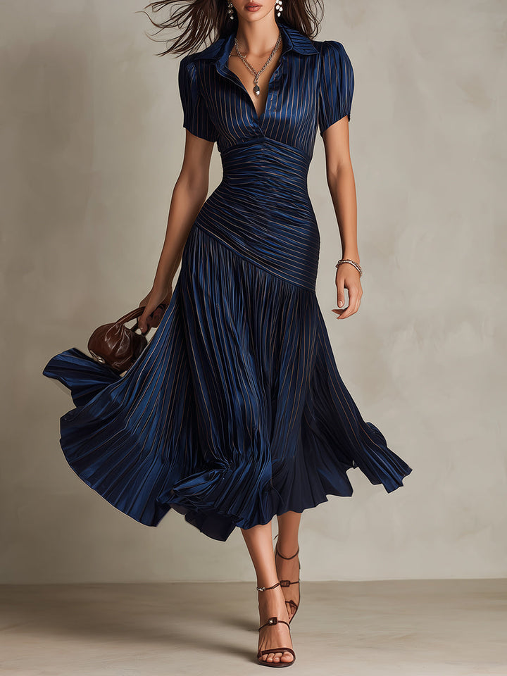 Vintage-Inspired Striped Satin Pleated Midi Bodycon Dress