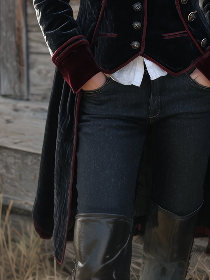 Retro Long Velvet Jacket with Contrasting Accents