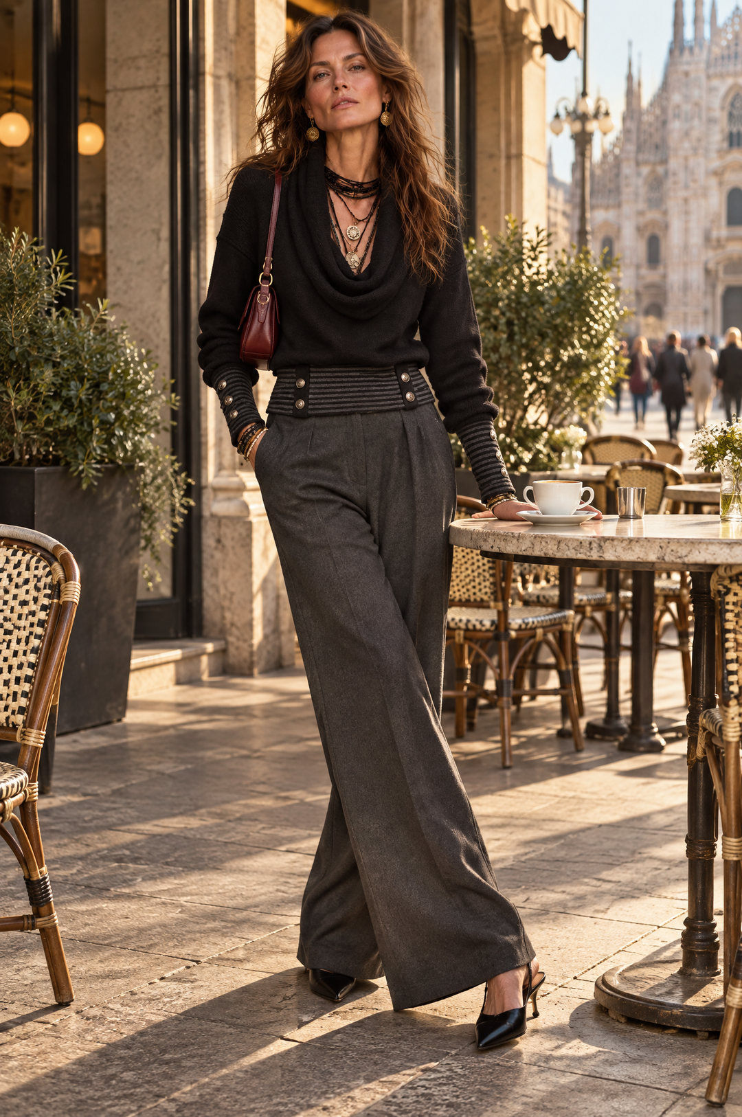 Black Bohemian Top with Stylish Neckline and Decorative Buttons, Featuring Striped Hem