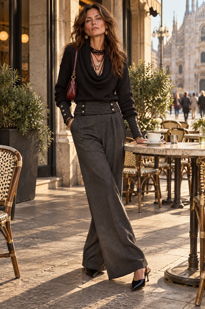 Black Bohemian Top with Stylish Neckline and Decorative Buttons, Featuring Striped Hem
