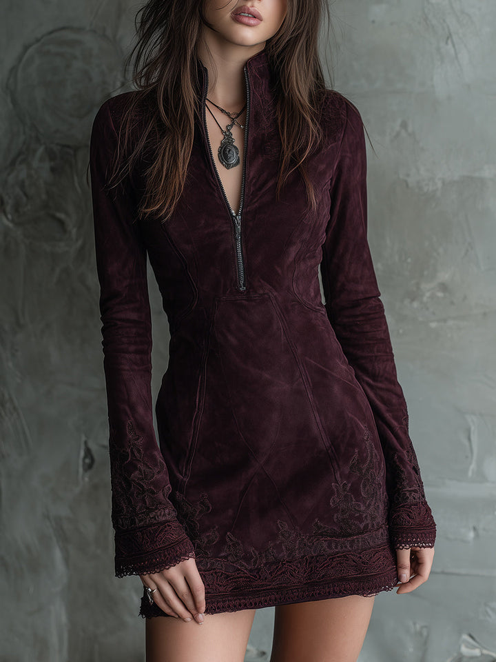 Vintage-Inspired Suede Mini Dress Featuring Embroidered Lace Accents