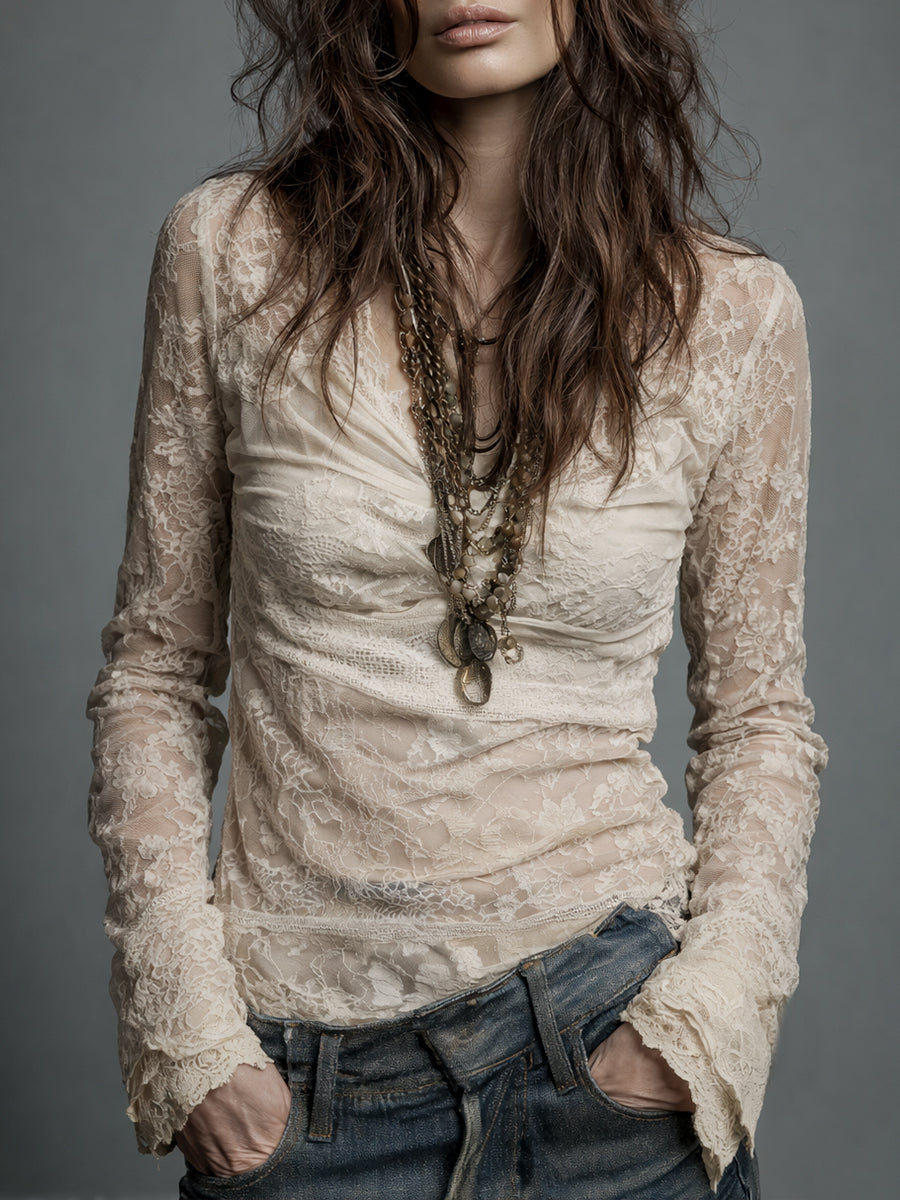 Retro Cowl Neck Blouse with Lace Accents and Long Sleeves