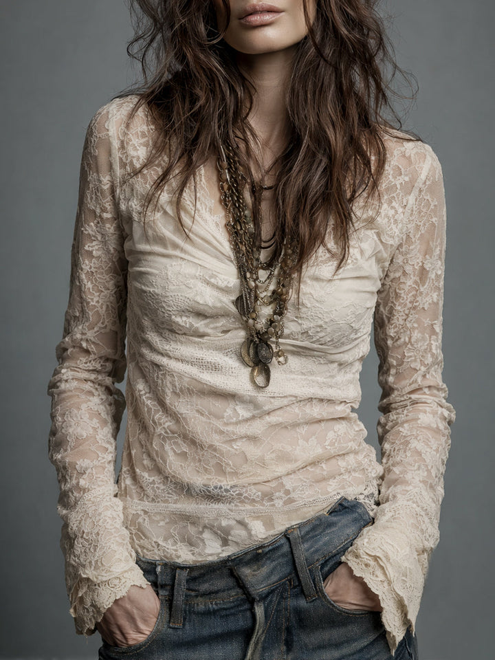Retro Cowl Neck Blouse with Lace Accents and Long Sleeves