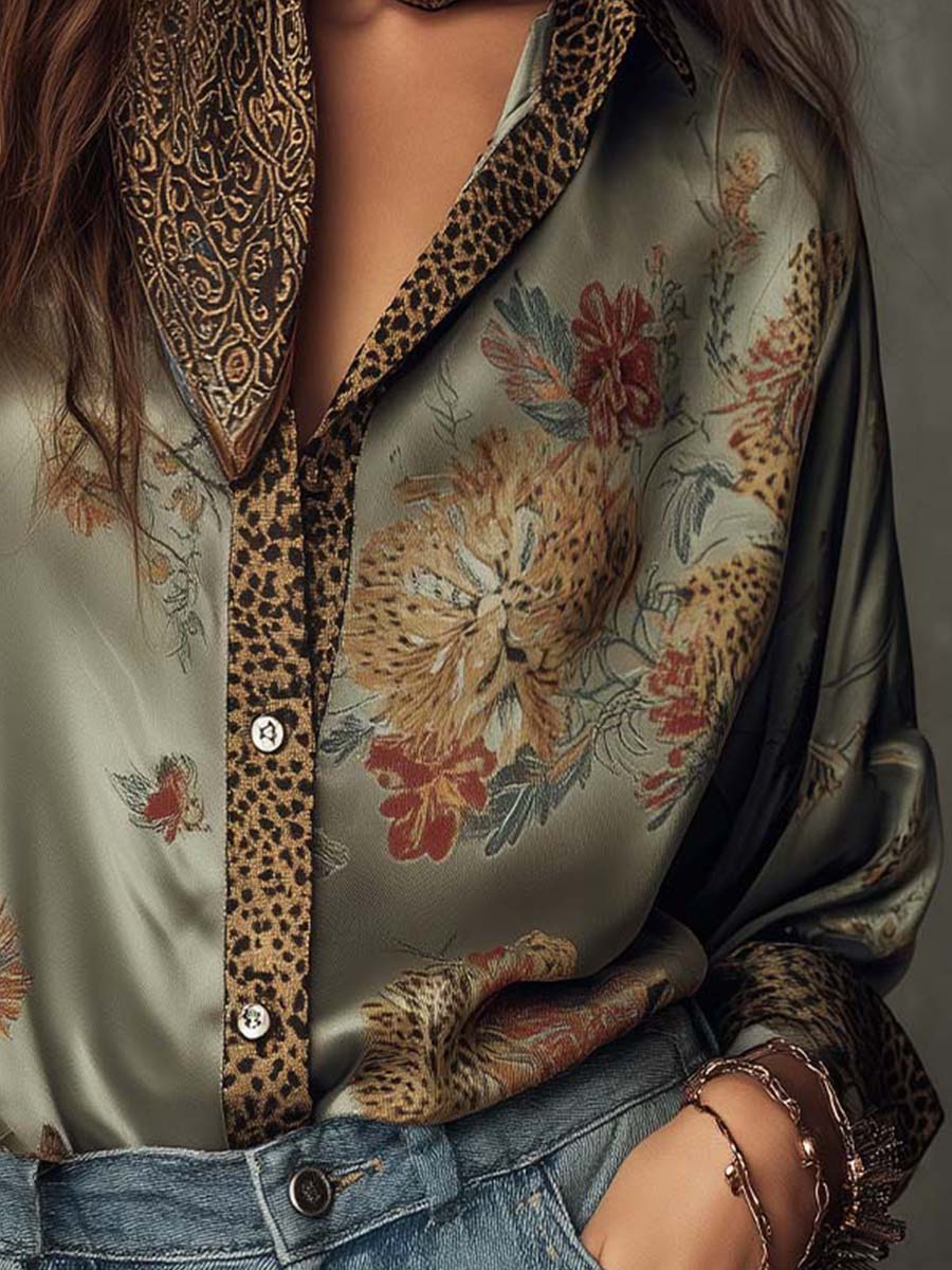 Floral Satin Blouse with Leopard Print Trim