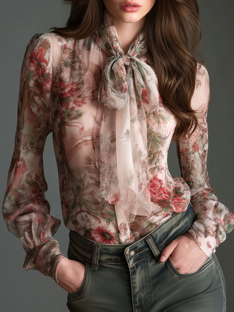 Vintage-Inspired Satin Blouse with Floral Design and Bow Detail