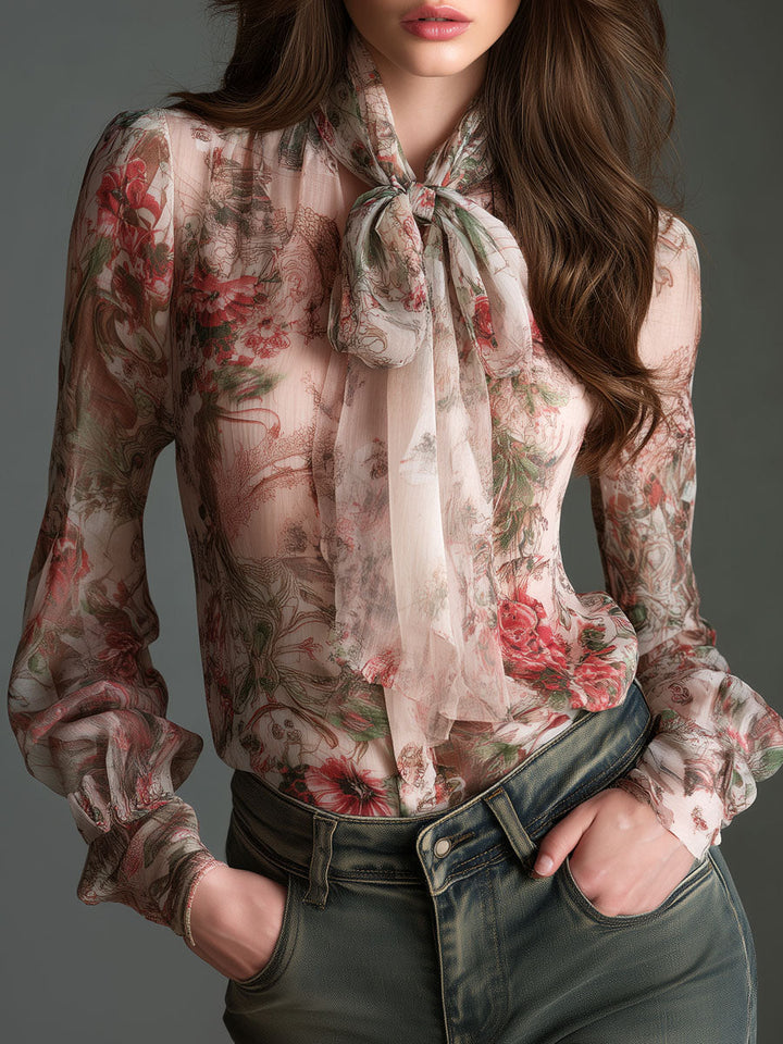 Vintage-Inspired Satin Blouse with Floral Design and Bow Detail