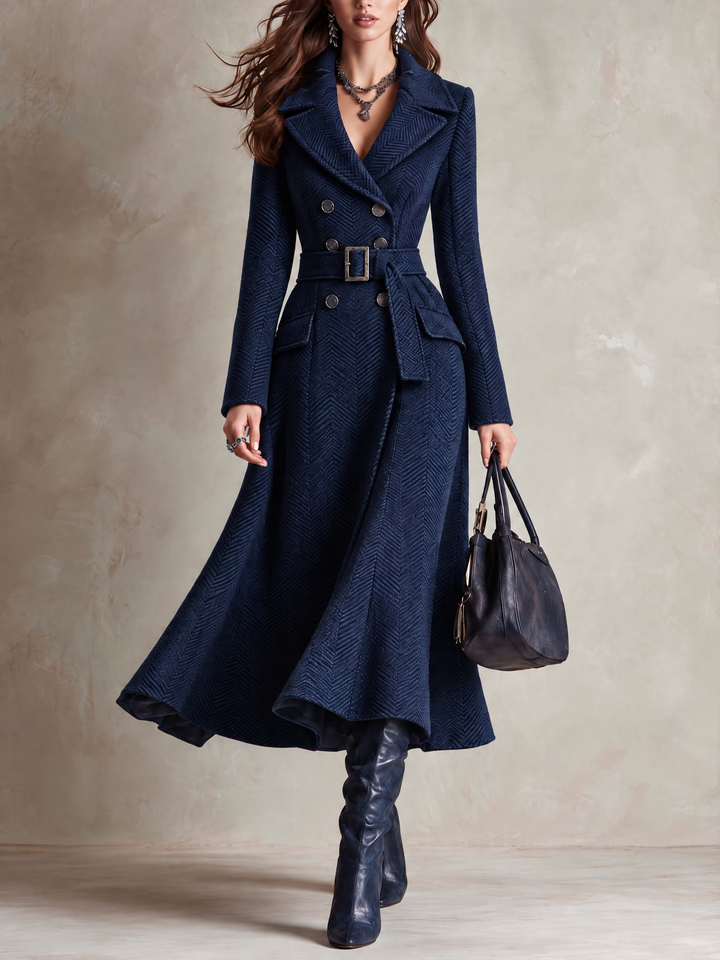 Chic Long Chenille Herringbone Coat with Removable Fur Cuffs