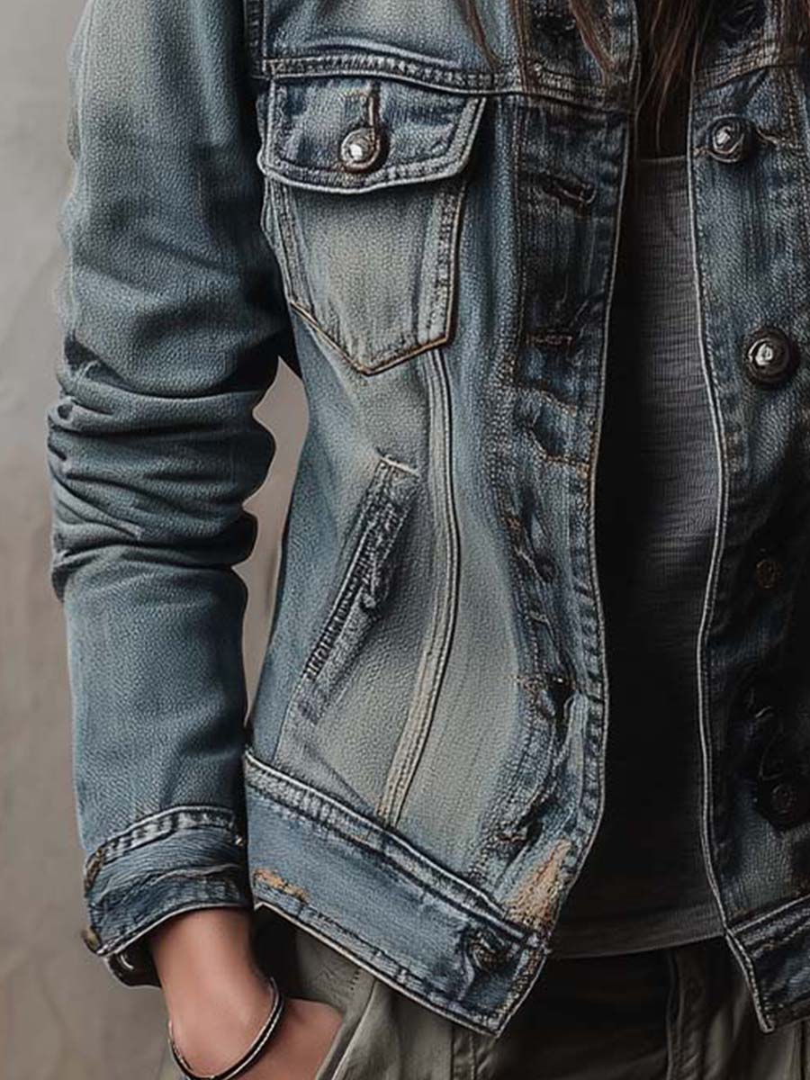 Distressed Denim Jacket with Layered Overlays